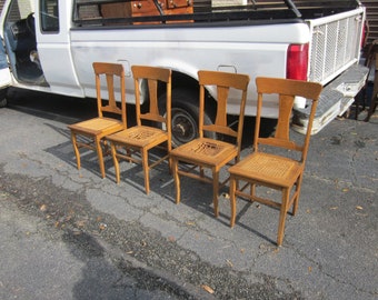 4 Antique Narrow-Grained Oak Dining Room Chairs, w/ cane seats