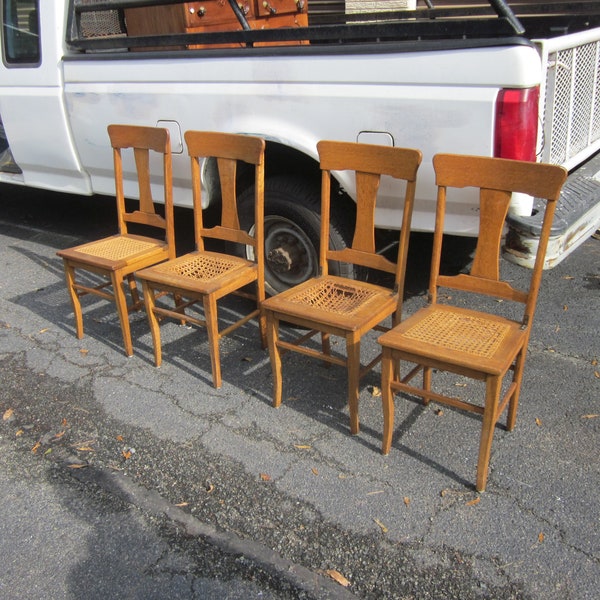 4 Antique Narrow-Grained Oak Dining Room Chairs, w/ cane seats