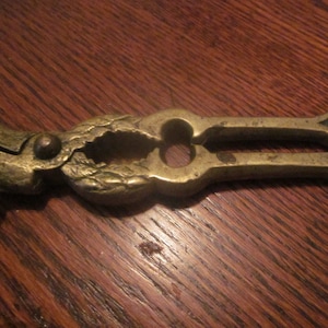 May include: A brass nutcracker in the shape of a bird with intricate details. The nutcracker has a hinged jaw and a lever to crack nuts.