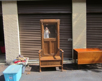 1 Quite Nice Tiger Oak Mirrored Hall Tree with Seated Compartment