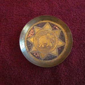 1 small Vintage Brass pin Tray from India, chased and etched, elephant