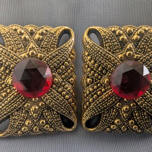 Gold Tone Filigree Earrings with Red Faceted Stone – Vintage Statement Studs – Ornate Lightweight Jewelry Gift