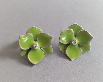 Vintage Green Enamel Flower Stud Earrings – Rhinestone Floral Earrings – Retro Mod Fashion Jewelry