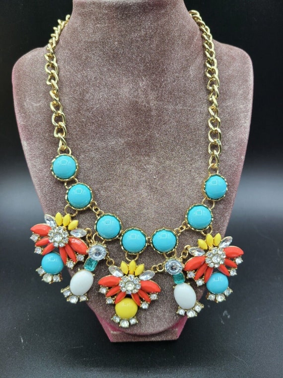 Bib Necklace Rhinestones and Spring Flower Color … - image 1