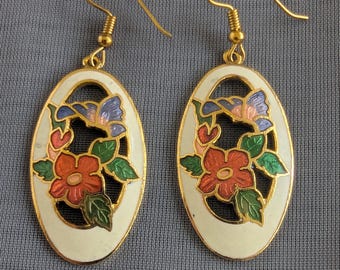 Vintage Cloisonne Style Earrings – Floral Enamel Openwork Dangle Earrings – Gold Tone Oval Jewelry