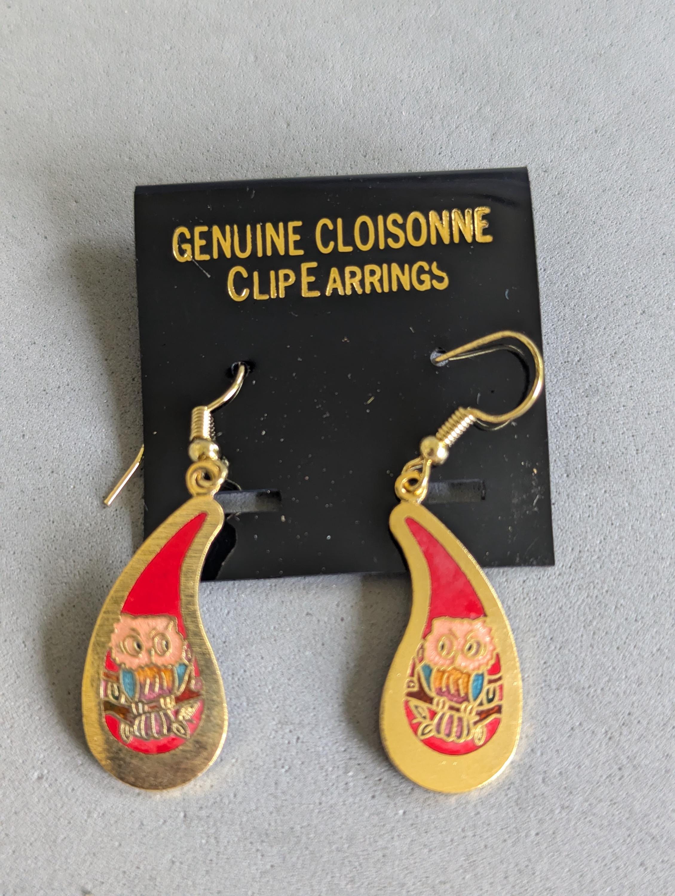Vintage Genuine Cloisonn&eacute; Owl Dangle Earrings &ndash; NOS Taiwan ROC Enamel Bird Earrings &nd