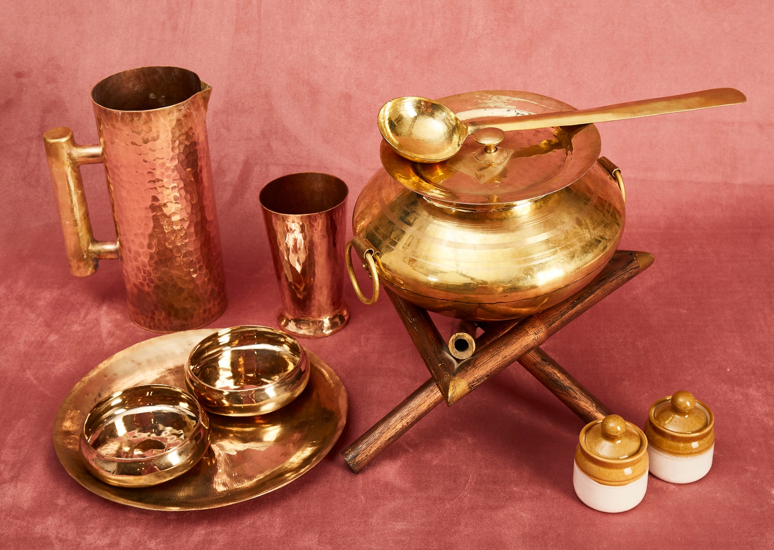 Brass Cooking Pots in Brass Utensils and Cookware With Serving Ladle
