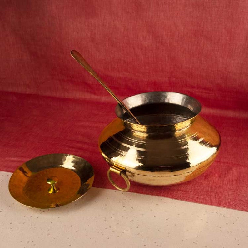 Brass Cooking Pots in Brass Utensils and Cookware with Serving Ladle Brass Patili Cooking Handi image 2