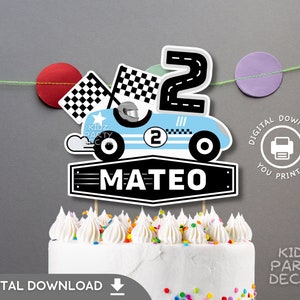 レースカーのパーソナライズされたケーキトッパー | 2 つの高速誕生日デコレーション | レースカーの印刷可能なケーキトッパー | ビンテージ レースカー ケーキトッパー | デジタル ファイル