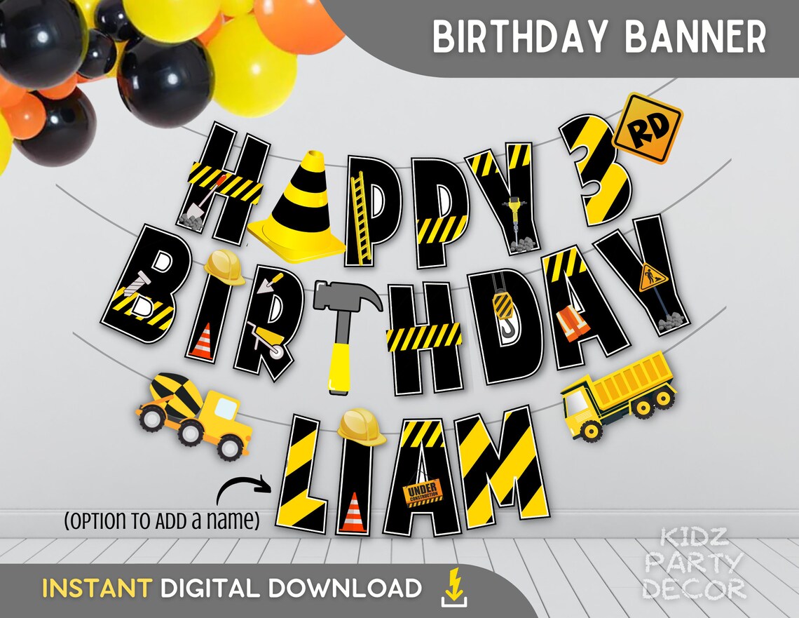 Construction Party Birthday Banner Construction Printable - Etsy