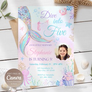 Mermaid Tail Birthday Invitation Under the Sea Birthday Invitation Girl Mermaid Birthday Editable Template Dive into Five | INSTANT DOWNLOAD