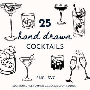 25 Hand Drawn Cocktail Illustrations - Digital Download | Cocktail Line Drawings | SVG PNG Illustrations | Cocktail Clipart Cocktail Drawing