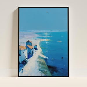 Mediterranean Coastal Wall Art Print Seaside Village Painting Blue Ocean Landscape for Beach House or Home Decor Poster