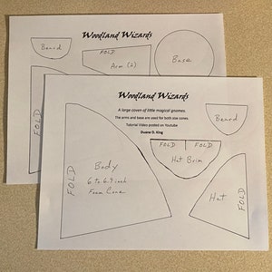 May include: Black and white printable pattern for making woodland wizard gnome crafts. The pattern includes pieces for the body, hat, beard, arms, and base. The text reads "Woodland Wizards" and includes instructions for making the gnome.
