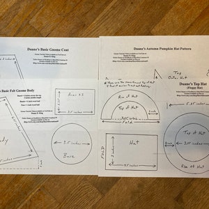 Könnte beinhalten: Ein Satz druckbarer Muster zum Erstellen von Gnomkostümen. Die Muster enthalten Anweisungen für einen einfachen Gnommantel, einen Filz-Gnomkörper, einen Kürbis-Hut und einen Zylinder. Die Muster sind mit Maßen in Zoll beschriftet.