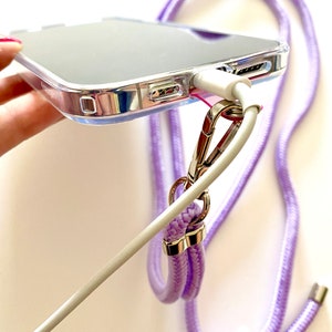 Purple Phone Lanyard with connector patch and charm for all phone models. Crossbody or around your neck - High Quality Phone Necklace