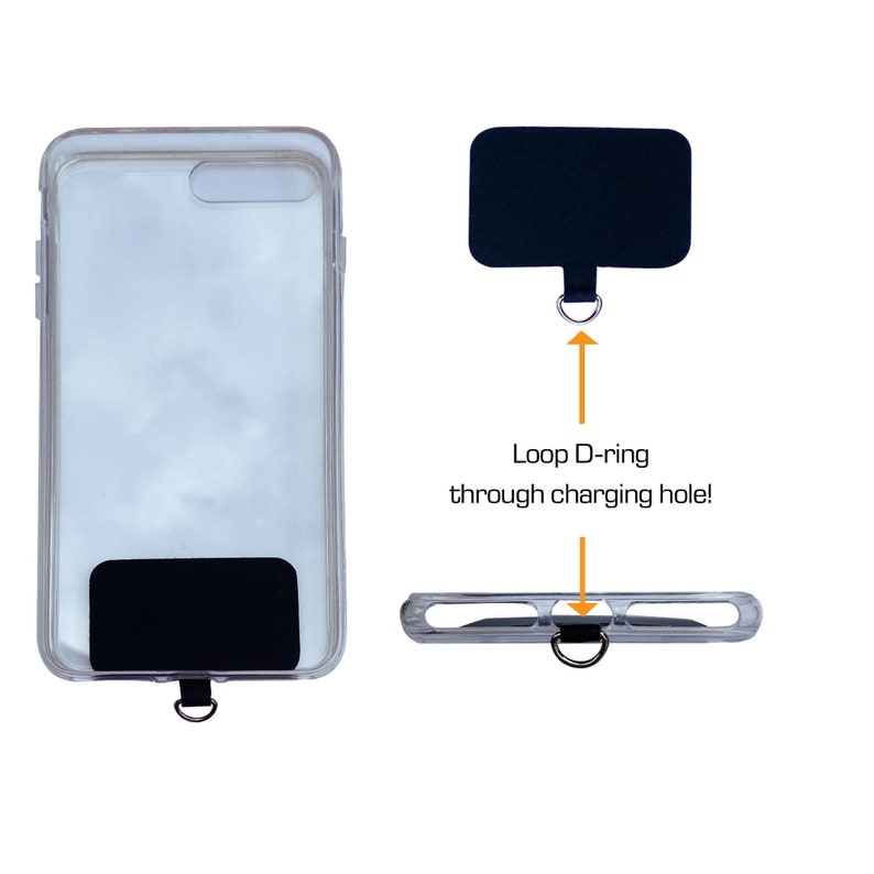 May include: A clear phone case with a black patch on the back. A D-ring is attached to the patch. The D-ring can be looped through the charging hole on the phone case. Loop D-ring through charging hole!