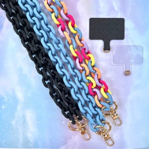 Support pour téléphone polyvalent avec chaîne à maillons dorés - À porter en bandoulière ou en collier, disponible en noir, bleu ou coloré avec des touches dorées chics