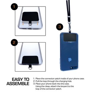 May include: A clear phone case with a black connector patch and a lanyard. The case is shown in three steps: 1. Place the connector patch inside the case. 2. Pull the loop through the charging hole. 3. Attach the lanyard to the loop of the connector patch.
