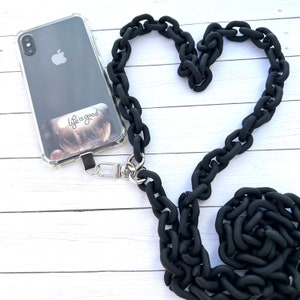 Collier bandoulière pour téléphone, chaîne à maillons, lanière pour téléphone en acrylique enduite de caoutchouc - noir, universel pour tous les modèles de téléphone, haute qualité !