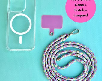 May include: A clear phone case, a lavender patch, and a multicolored lanyard are displayed on a turquoise background. The lanyard is a mix of pastel colors. A pink circle with white text reads "Sold as Set Case + Patch + Lanyard."