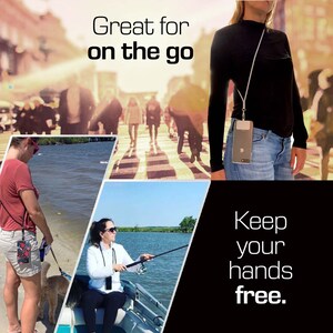 May include: A person wearing a black shirt and jeans with a phone attached to a long white strap. The text "Great for on the go" is at the top of the image. The text "Keep your hands free." is at the bottom of the image.