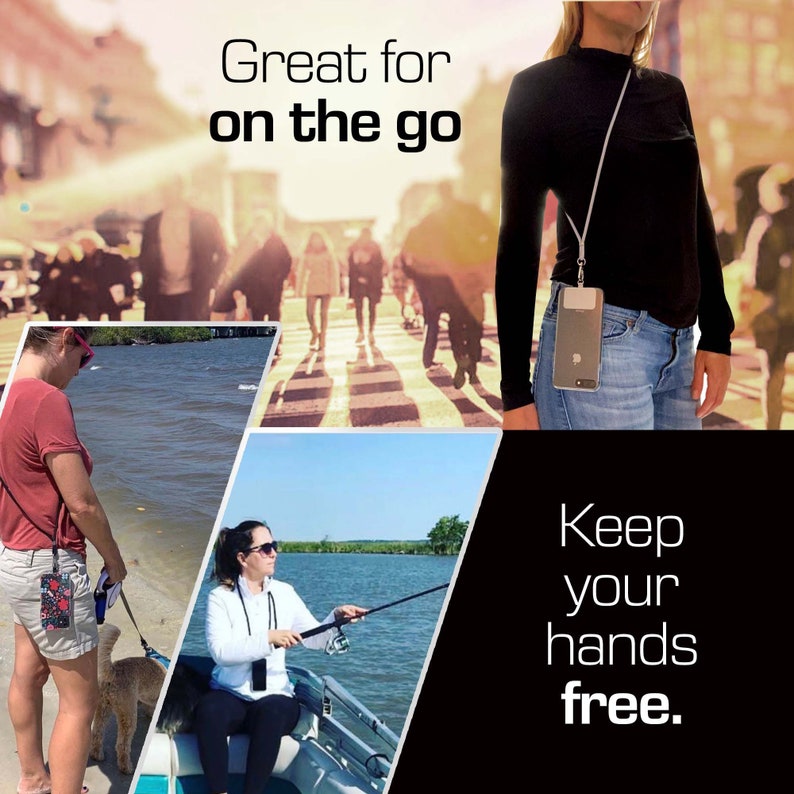 May include: A person wearing a black shirt and jeans with a phone attached to a long white strap. The text "Great for on the go" is at the top of the image. The text "Keep your hands free." is at the bottom of the image.