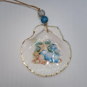Decoupaged Scallop Shell Ornament Starfish, Shells, and Christmas Balls Gold Trim