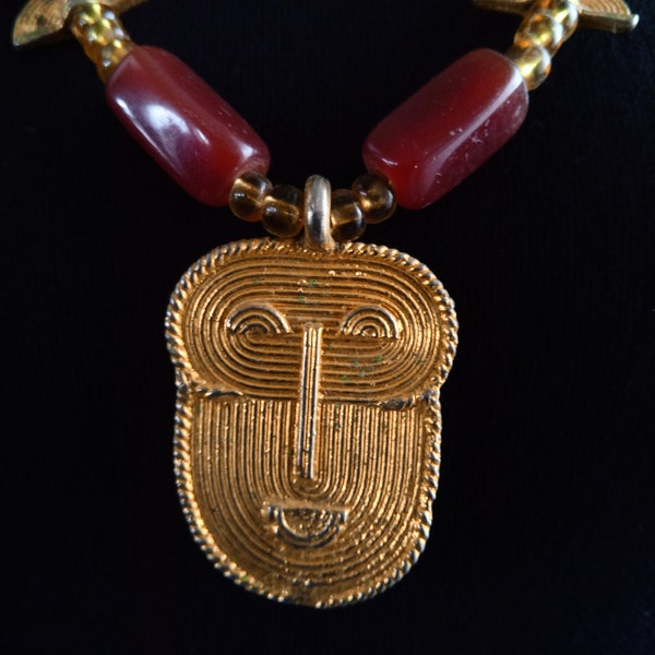Collier Akan, Afrique de l'ouest, collier de perles de verre, bronze, cornaline, Bijoux, parure Akan, ancien et usuel. Vintage.