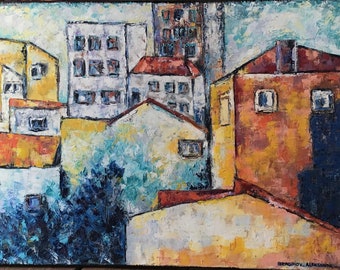 Rooftop View - Abstract impressionist oil on canvas painting