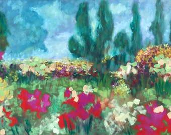 May include: A painting depicting a field of flowers with tall green trees in the background. The flowers are red, pink, white, and yellow. The sky is blue with white clouds.