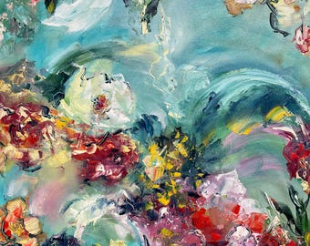 Aqua Flowers 2 - medium original impressionist Oil on Canvas painting