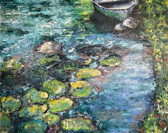 大型アンティークフランス風景油絵、署名入りリバー印象派アート