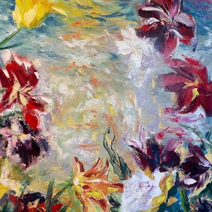 Aqua Flowers 4 - medium original impressionist Oil on Canvas painting