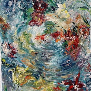 Aqua Flowers 1 - medium original impressionist Oil on Canvas painting