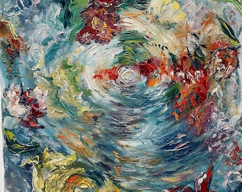 Aqua Flowers 1 - medium original impressionist Oil on Canvas painting
