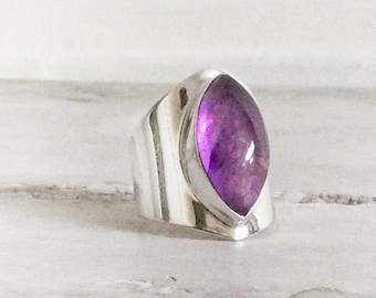 Elegant Amethyst Silver Ring, Marquise Gemstone Ring, Purple Amethyst Ring, Wedding Ring, Wide Band Ring, Silver Ring, February Birthstone