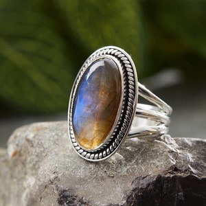 Indian Labradorite Ring, 925 Sterling Silver, Blue Color Stone, Oval Shape, Triple Band Ring, Engagement Ring, Handcrafted Gemstone Ring
