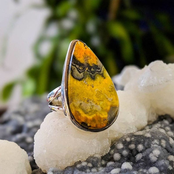 Vintage Bumble Bee Jasper Ring, 925 Sterling Silver, Yellow Color Stone, Pear Shape, Bridal Ring, Natural Gemstone, Classic Gemstone Ring