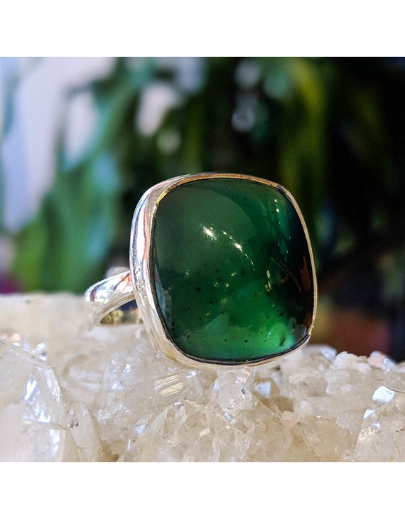 US size 5.75 ready to ship unique organic hand forged setting green nephrite jade cabochon Alabama made Green Jade Sterling Silver Ring