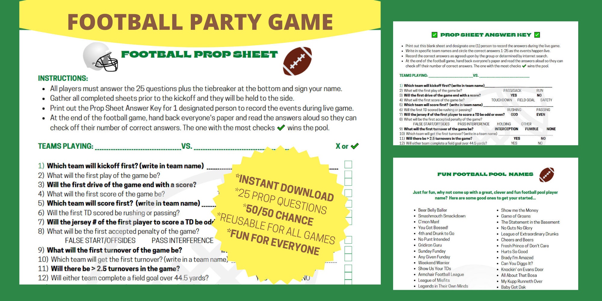 Printable Football Party Game Reusable Football Prop Sheet | Etsy
