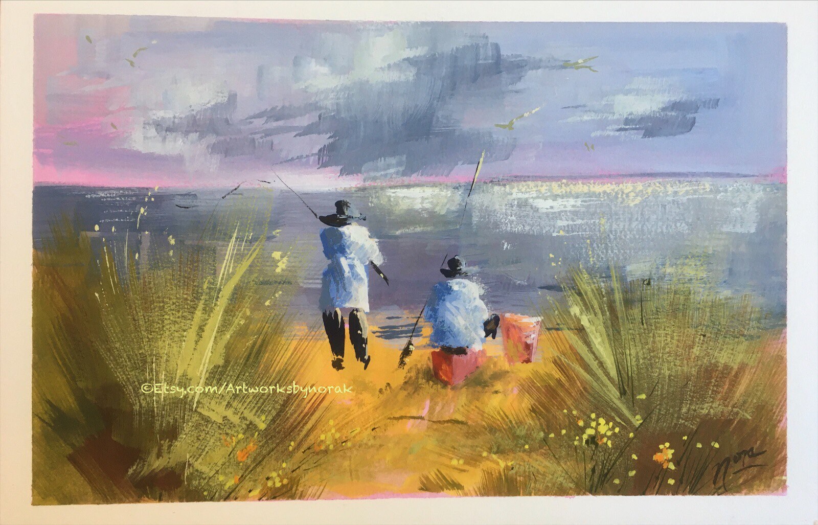 Postkarte two fishing friends Mann und Hund am Wasser Angelfreunde 