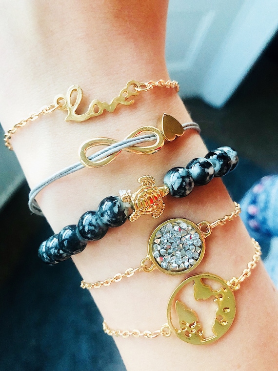 Cute Bracelet Set for Nature Lovers Unique LOVE Forever TURTLE Moon EARTH Gift for Her Crystal Chain Birthday Christmas Gift Etsy