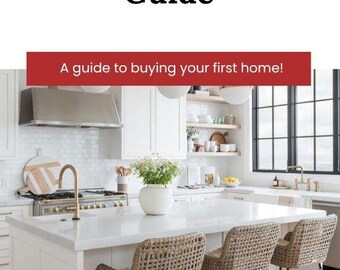 May include: A home buyer's guide with the text "Home Buyer's Guide" and "A guide to buying your first home!" against a kitchen backdrop. The kitchen features a white island with three woven bar stools, a white countertop, and a gold faucet.
