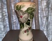 Vintage Table Lamp, White Ceramic Hand-painted Vase Lamp, Floral Design, Brass Base Finial, White Lamp Shade, Circa 1960, Tall Ginger Jar