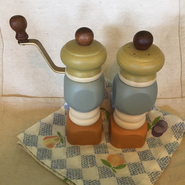 Small Wooden Salt Shaker and Pepper Mill, Salt and Pepper Shaker Set, Hand-Painted in Mid-Century Modern Colors