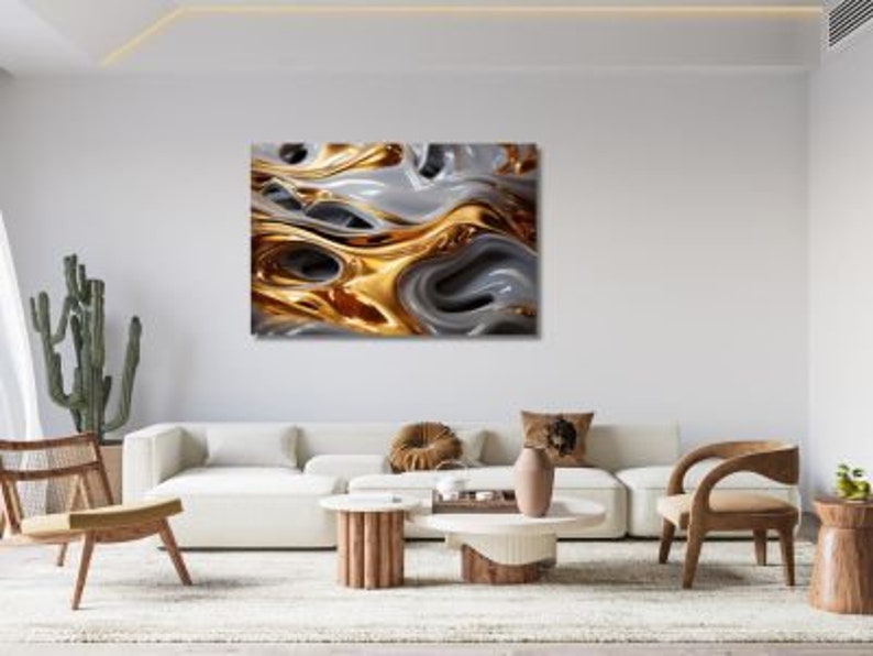 Metal and Gold Design Wall Art, Frameless Glass Panel Modern Hanging