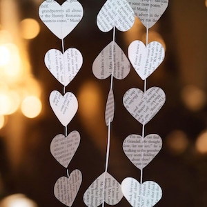Guirnalda de corazones reciclados, decoración de guirnalda de papel con forma de corazón, decoraciones de fiesta hechas a mano, guirnalda de boda, decoración de papel para baby shower