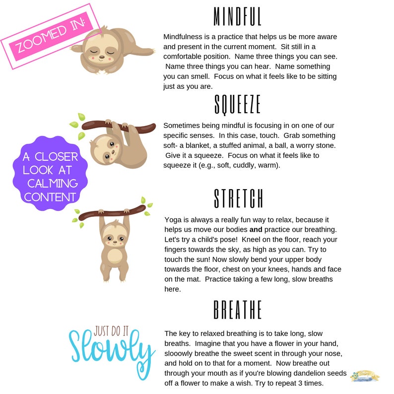Sloth Training Sloth Relaxation Exercises Handout: Calm Down, Emotion Skills (digital ...