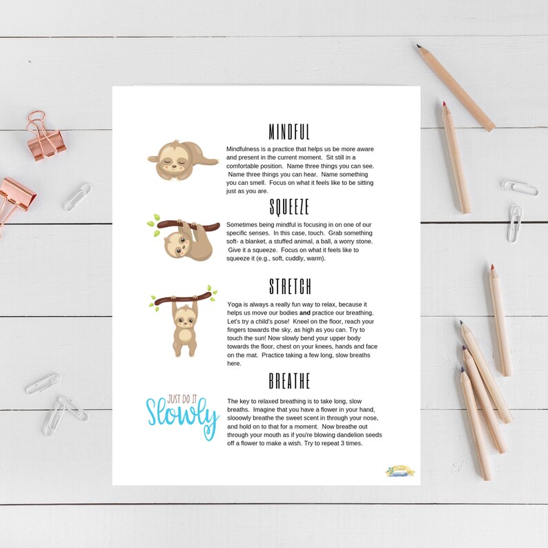 Sloth Relaxation Exercises Handout: Calm Down, Emotion Skills (digital ...